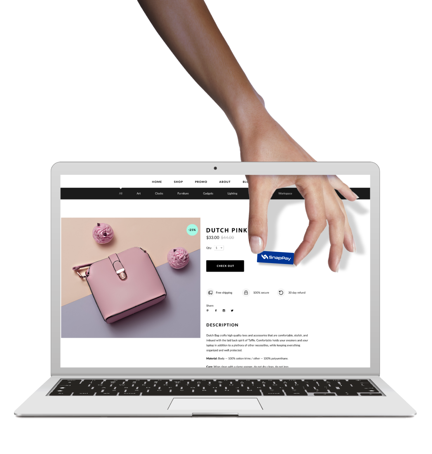 a creative image shows a hand putting a payment button into a website page